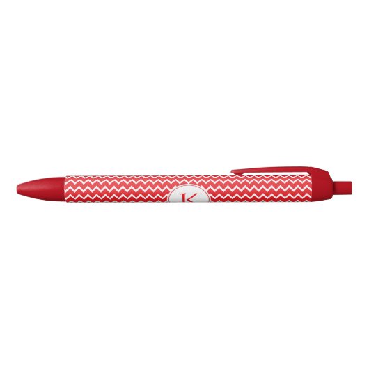 Monogrammed Red and White Chevron Pattern Zwarte Inkt Pen (Bovenkant)