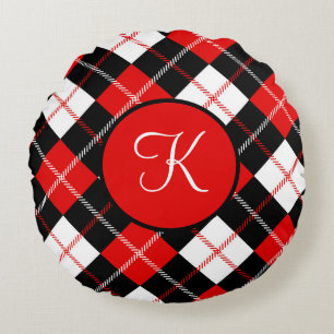 Monogrammed Red Black White Argyle Pset Rond Kussen