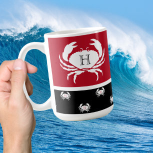 Monogrammed Red Black White Crab Nautical Coffee M Koffiemok