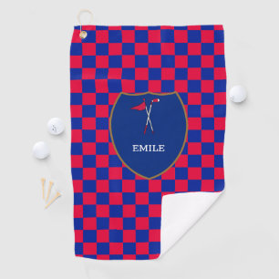 Monogrammed Red Blue Checks & golfclub & vlaggol Golfhanddoek
