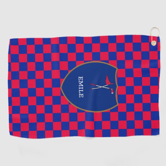 Monogrammed Red Blue Checks & golfclub & vlaggol Golfhanddoek (Horizontaal)