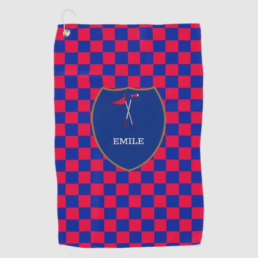 Monogrammed Red Blue Checks & golfclub & vlaggol Golfhanddoek (Voorkant)