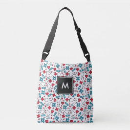 Monogrammed Red Blue Medical Pattern Nurse Crossbody Tas