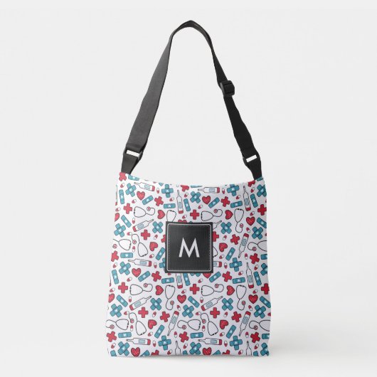 Monogrammed Red Blue Medical Pattern Nurse Crossbody Tas (Voorkant)