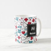 Monogrammed Red Blue Nurse Pattern Koffiemok (Voorkant rechts)