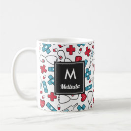 Monogrammed Red Blue Nurse Pattern Koffiemok