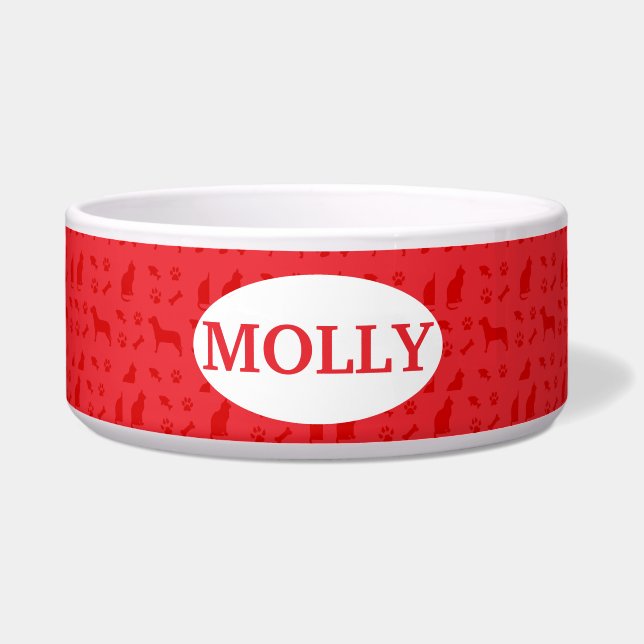 Monogrammed Red Cat en Dog Pattern Food Bowl Voerbakje (Voorkant)