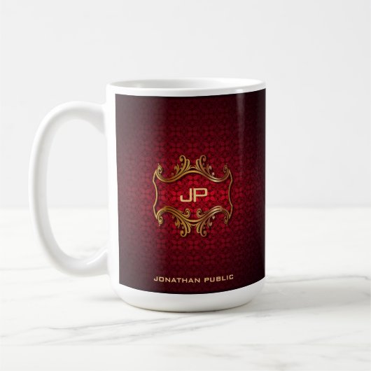 Monogrammed Red Damask Classic Elegant Sjabloon Koffiemok (Links)