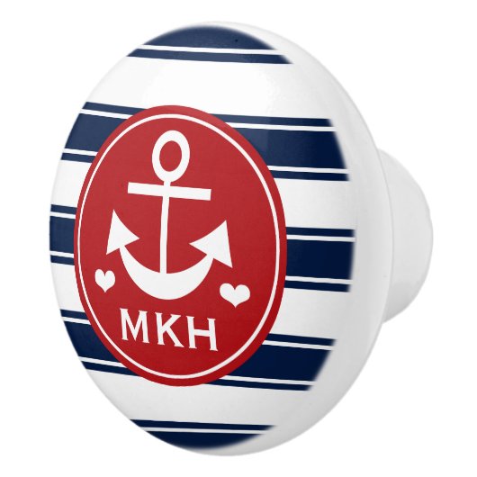 Monogrammed Red en Navy Anchor Keramische Knop (Rechts)