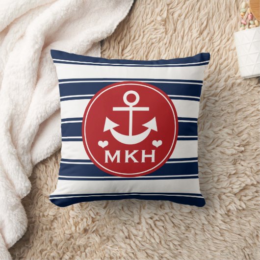 Monogrammed Red en Navy Blue Anchor Kussen (Deken)