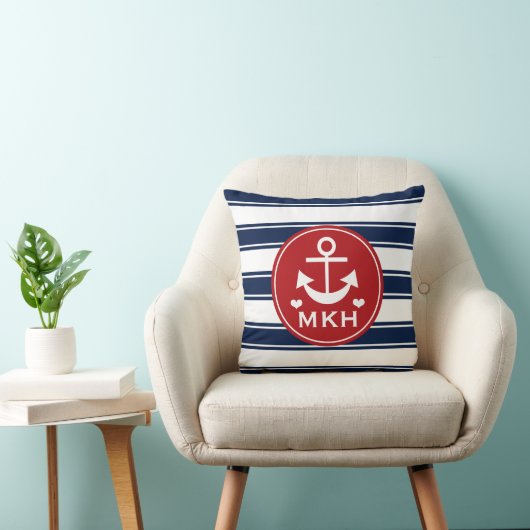 Monogrammed Red en Navy Blue Anchor Kussen (Stoel)