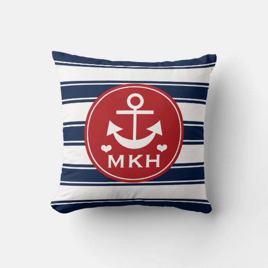 Monogrammed Red en Navy Blue Anchor Kussen (Voorkant)