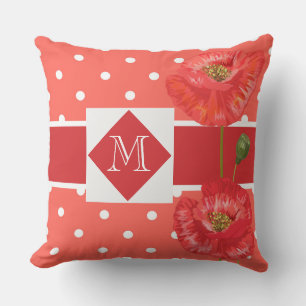 Monogrammed Red en Peach Poppy Garden Buitenkussen