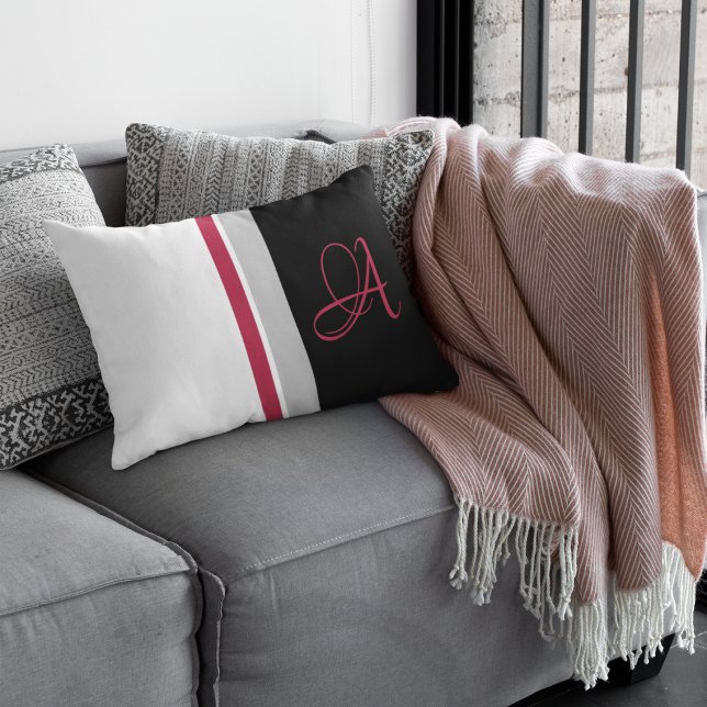 Monogrammed Red Magenta Grey Black Striped Kussen (Creator heeft geüpload)