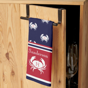 Monogrammed Red Navy Blue White Crab Nautical Ki Theedoek