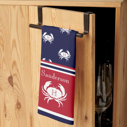Monogrammed Red Navy Blue White Crab Nautical Ki Theedoek (Derde Gevouwen)