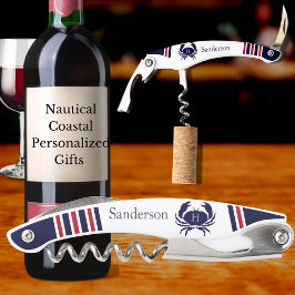 Monogrammed Red Navy Blue White Crab Nautical Kurkentrekker