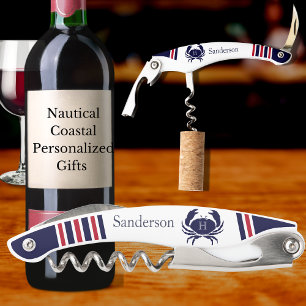 Monogrammed Red Navy Blue White Crab Nautical Kurkentrekker