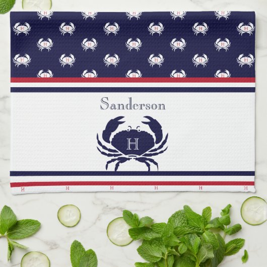 Monogrammed Red Navy Blue White Crab Nautical Theedoek (Gevouwen)