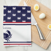 Monogrammed Red Navy Blue White Crab Nautical Theedoek (Quarter Fold)