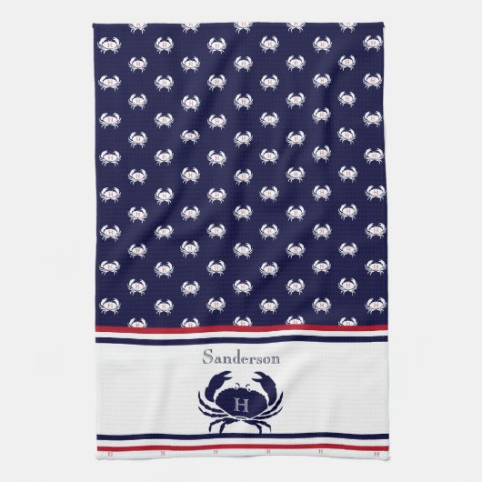 Monogrammed Red Navy Blue White Crab Nautical Theedoek (Verticaal)