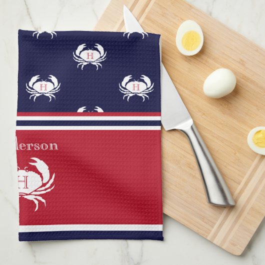 Monogrammed Red Navy Blue White Crab Nautical Theedoek (Quarter Fold)