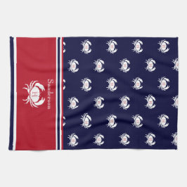 Monogrammed Red Navy Blue White Crab Nautical Theedoek