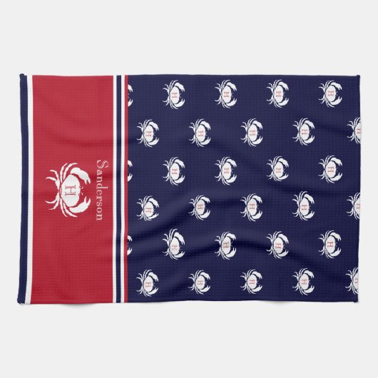 Monogrammed Red Navy Blue White Crab Nautical Theedoek (Horizontaal)