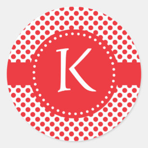Monogrammed Red op White Polka Dot Ronde Sticker
