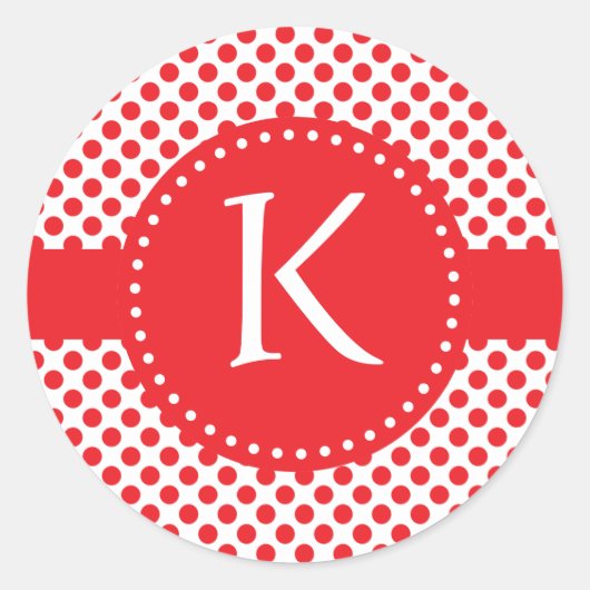 Monogrammed Red op White Polka Dot Ronde Sticker (Voorkant)