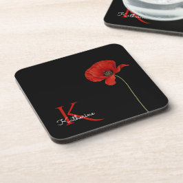 Monogrammed Red Poppy on Black Bier Onderzetter