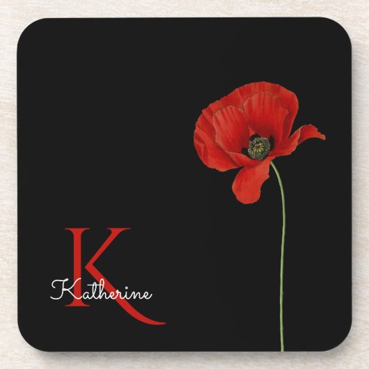 Monogrammed Red Poppy on Black Bier Onderzetter (Voorkant)