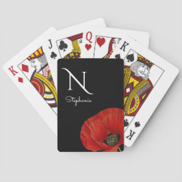 Monogrammed Red Poppy on Black Pokerkaarten