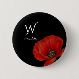 Monogrammed Red Poppy on Black Simple Ronde Button 5,7 Cm