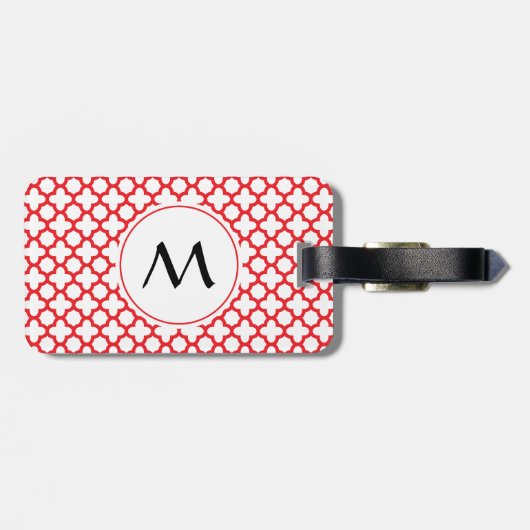 Monogrammed Red Quatrefoil Pattern Bagagelabel (Achterkant horizontaal)