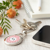 Monogrammed Red Quatrefoil Pattern Sleutelhanger (Zijkant)