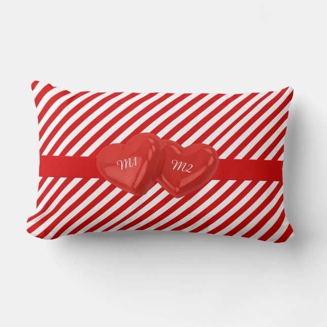 Monogrammed Red Striped Pattern met hart Kussen (Voorkant)