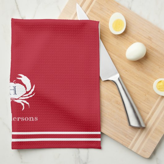 Monogrammed Red White Crab Nautical Kitchen Towel Theedoek (Quarter Fold)