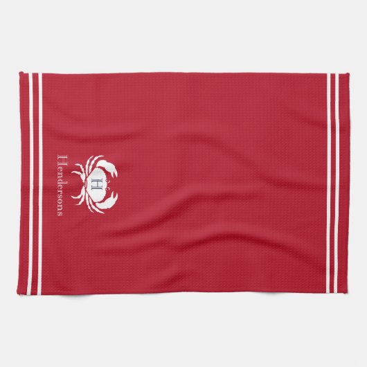 Monogrammed Red White Crab Nautical Kitchen Towel Theedoek (Horizontaal)