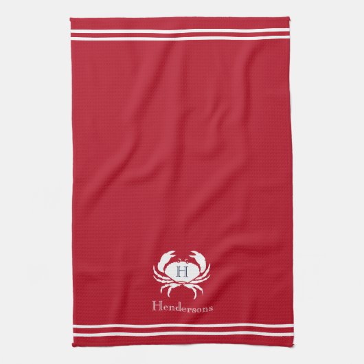 Monogrammed Red White Crab Nautical Kitchen Towel Theedoek (Verticaal)