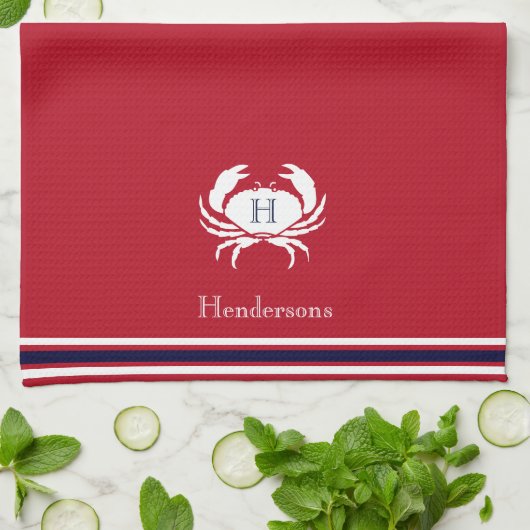 Monogrammed Red White Crab Nautical Kitchen Towel Theedoek (Gevouwen)
