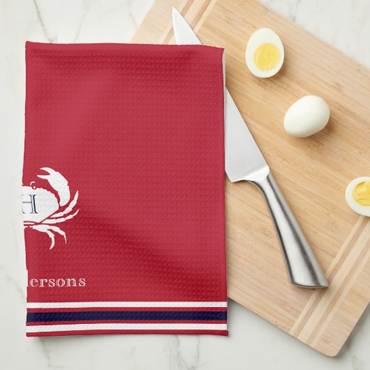 Monogrammed Red White Crab Nautical Kitchen Towel Theedoek (Quarter Fold)