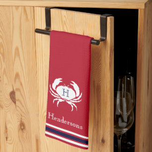 Monogrammed Red White Crab Nautical Kitchen Towel Theedoek