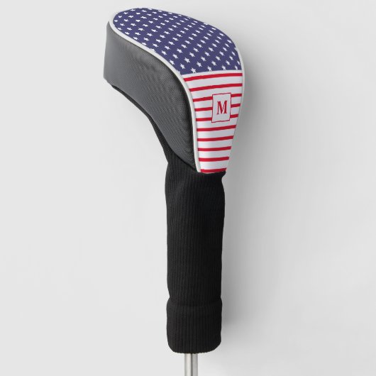 Monogrammed Red White en Blue American Flag Golfheadcover (Schuin)