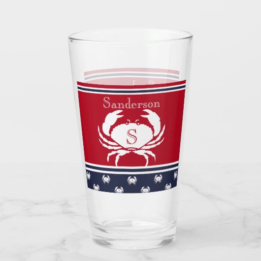 Monogrammed Red White Navy Blue Crab Glas (Achterkant)