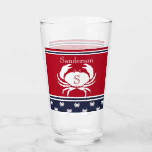 Monogrammed Red White Navy Blue Crab Glas
