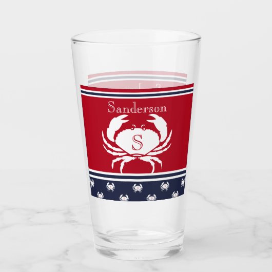 Monogrammed Red White Navy Blue Crab Glas (Voorkant)
