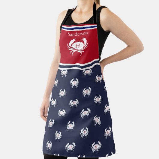 Monogrammed Red White Navy Blue Crab Nautical Apro Schort (Insitu)