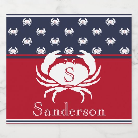 Monogrammed Red White Navy Blue Crab Nautical Bier Etiket (Enkel label)