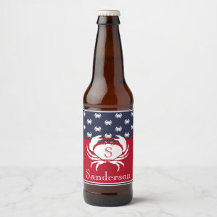Monogrammed Red White Navy Blue Crab Nautical Bier Etiket
